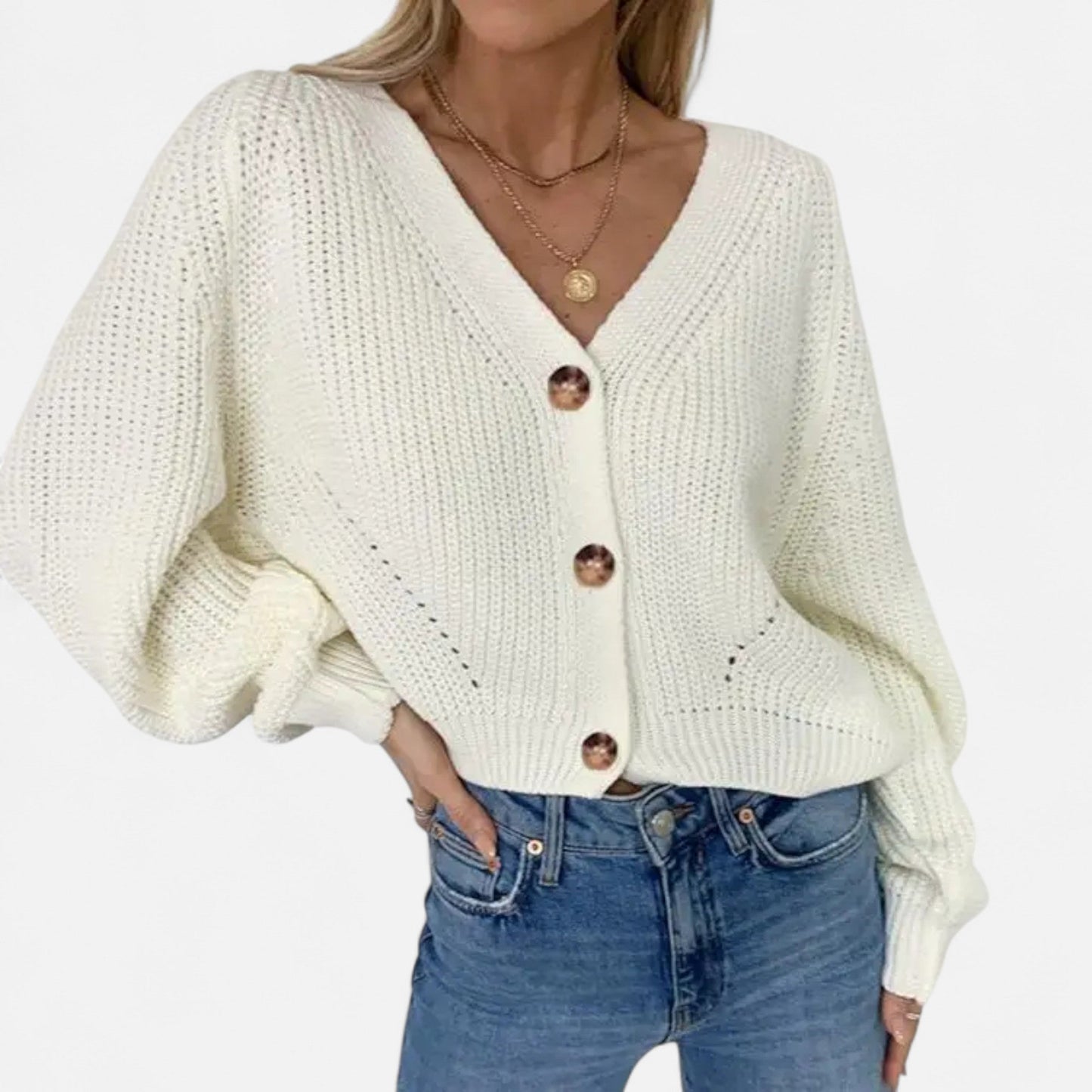 Just-Outlet | Women’s Cardigan – Deep Collar Lantern Sleeve Elegance