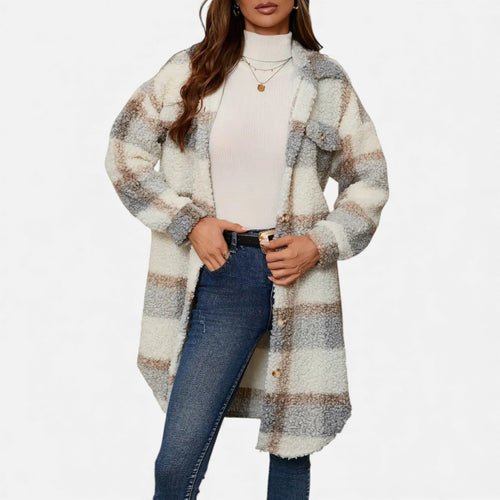Just-Outlet | Women’s Plaid Lapel Collar Jacket – Elegant Suede & PU Design