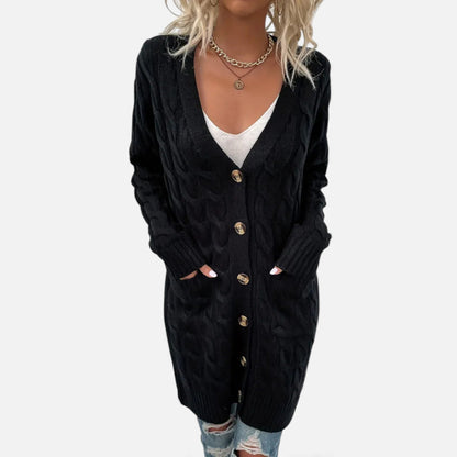 Just-Outlet | Women’s Twisted Knit Long Cardigan – Vintage Buttoned Elegance