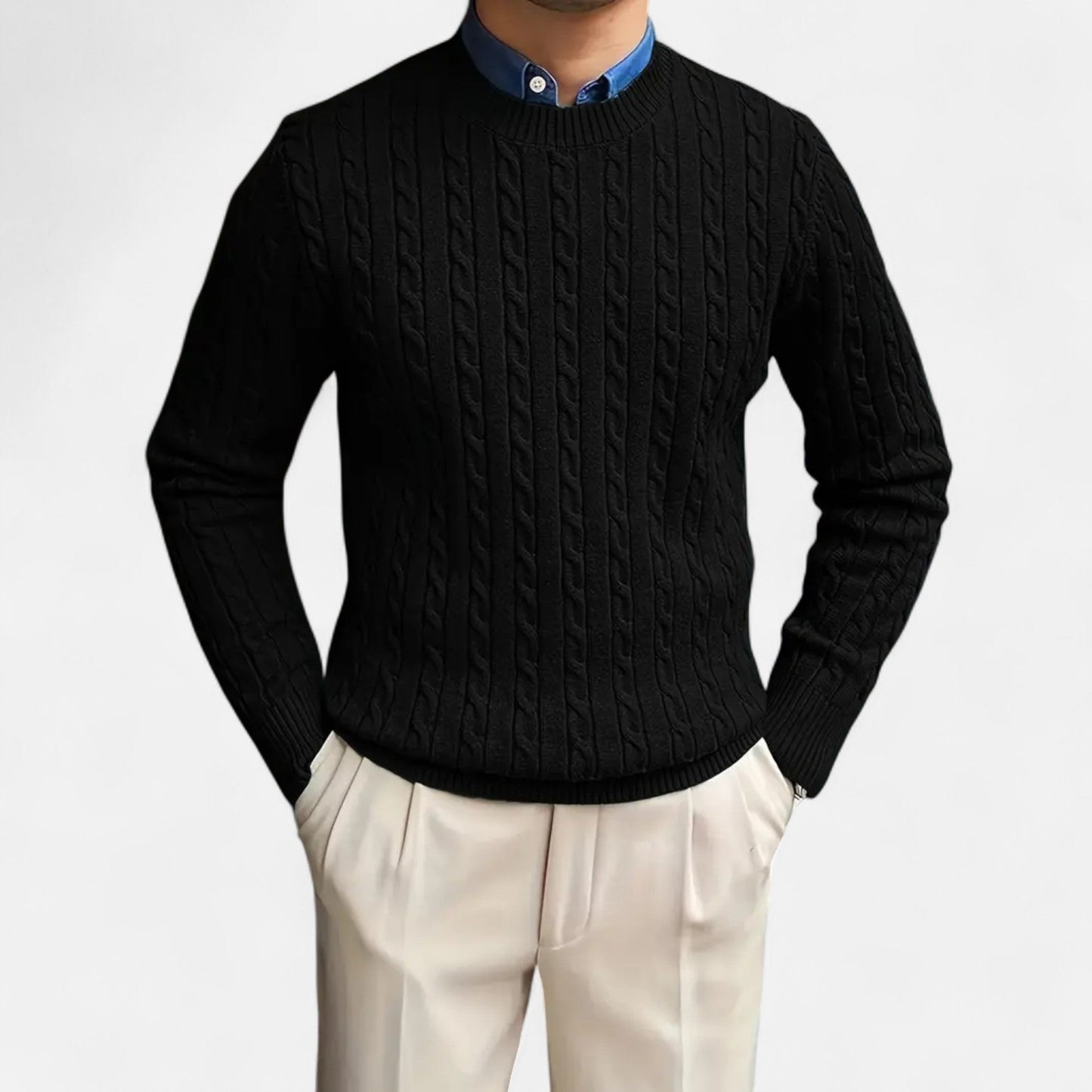 Just-Outlet | Men’s Round Neck Twisted Rope Knit Sweater – Classic Cable Jumper