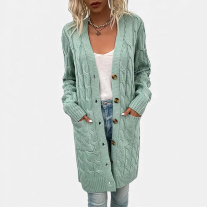 Just-Outlet | Women’s Twisted Knit Long Cardigan – Vintage Buttoned Elegance
