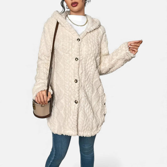 Just-Outlet | Women’s Jacquard Plush Hooded Cardigan – Winter Warm Elegance