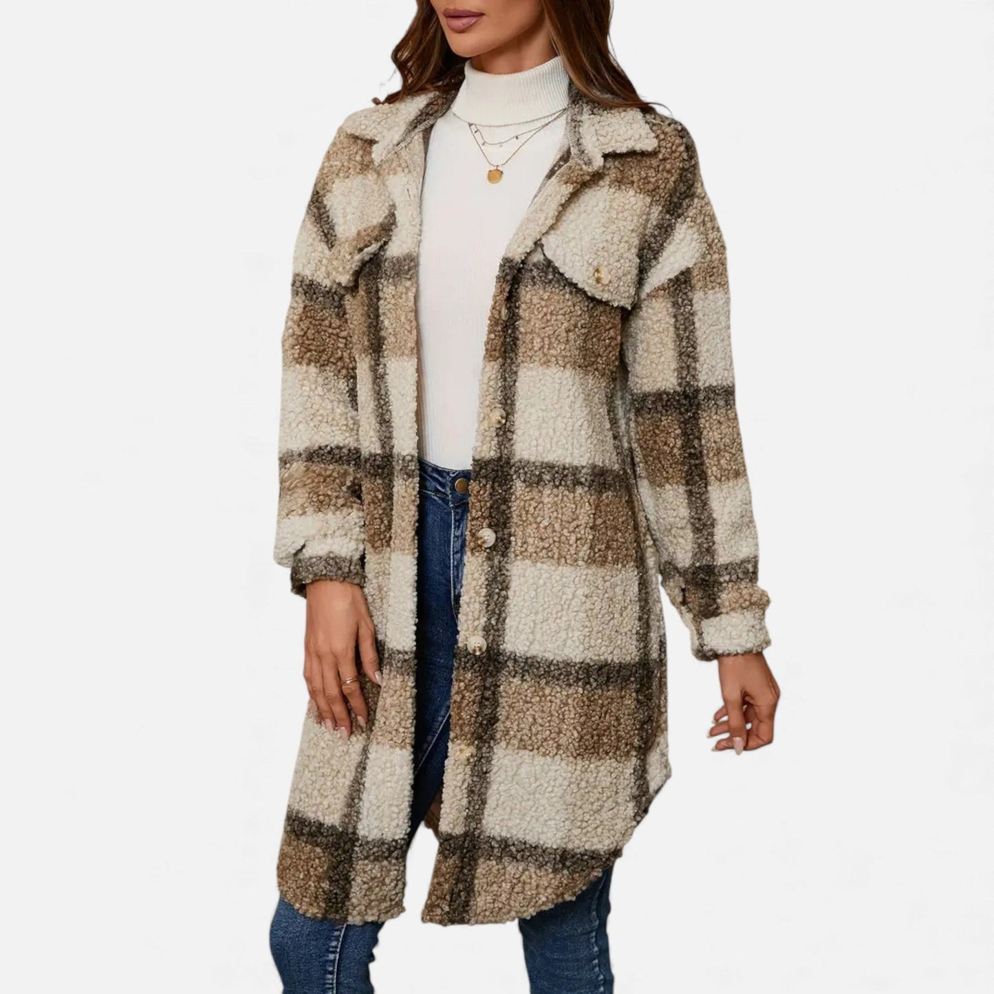 Just-Outlet | Women’s Plaid Lapel Collar Jacket – Elegant Suede & PU Design