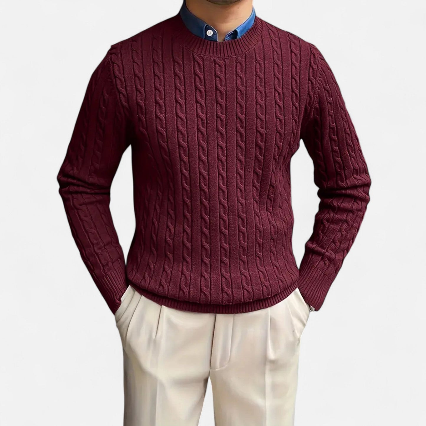 Just-Outlet | Men’s Round Neck Twisted Rope Knit Sweater – Classic Cable Jumper
