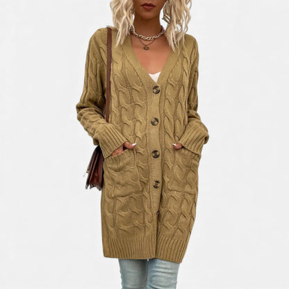 Just-Outlet | Women’s Twisted Knit Long Cardigan – Vintage Buttoned Elegance