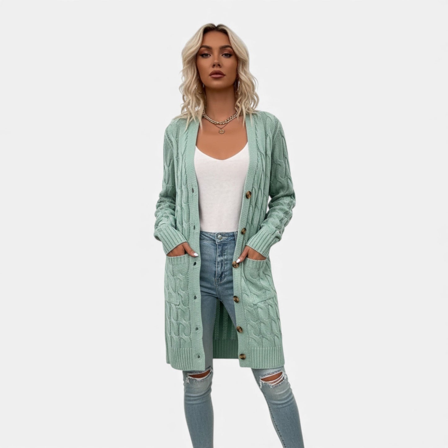 Just-Outlet | Women’s Twisted Knit Long Cardigan – Vintage Buttoned Elegance
