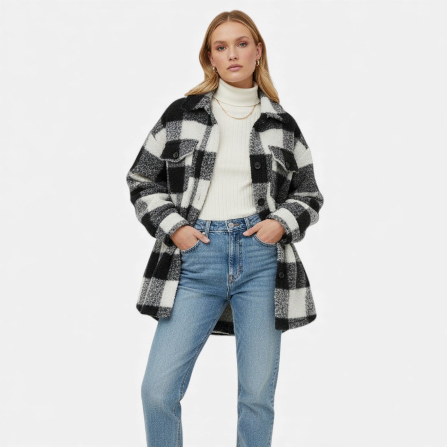 Just-Outlet | Women’s Plush Checkered Winter Jacket – High-Elasticity Coat