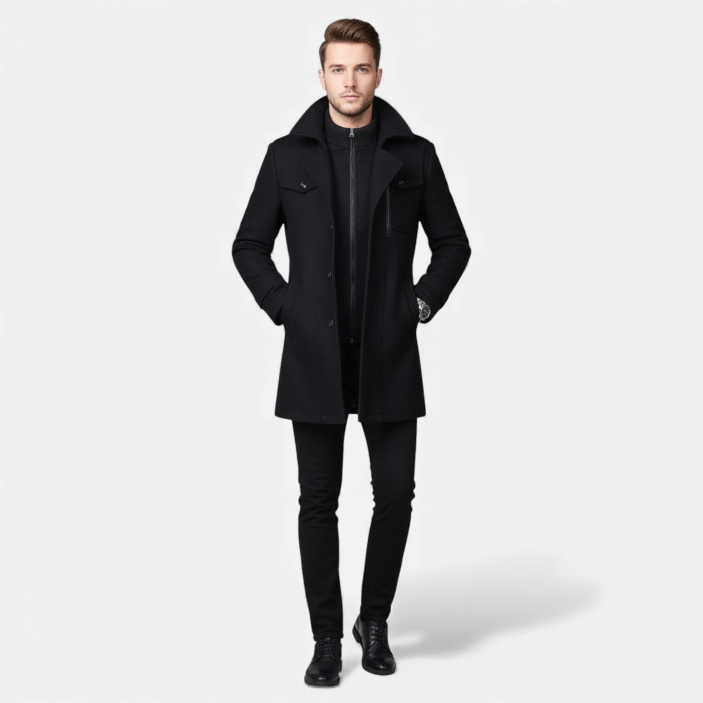 Just-Outlet | Men’s Long Coat – Vintage Contrast-Collar Elegance