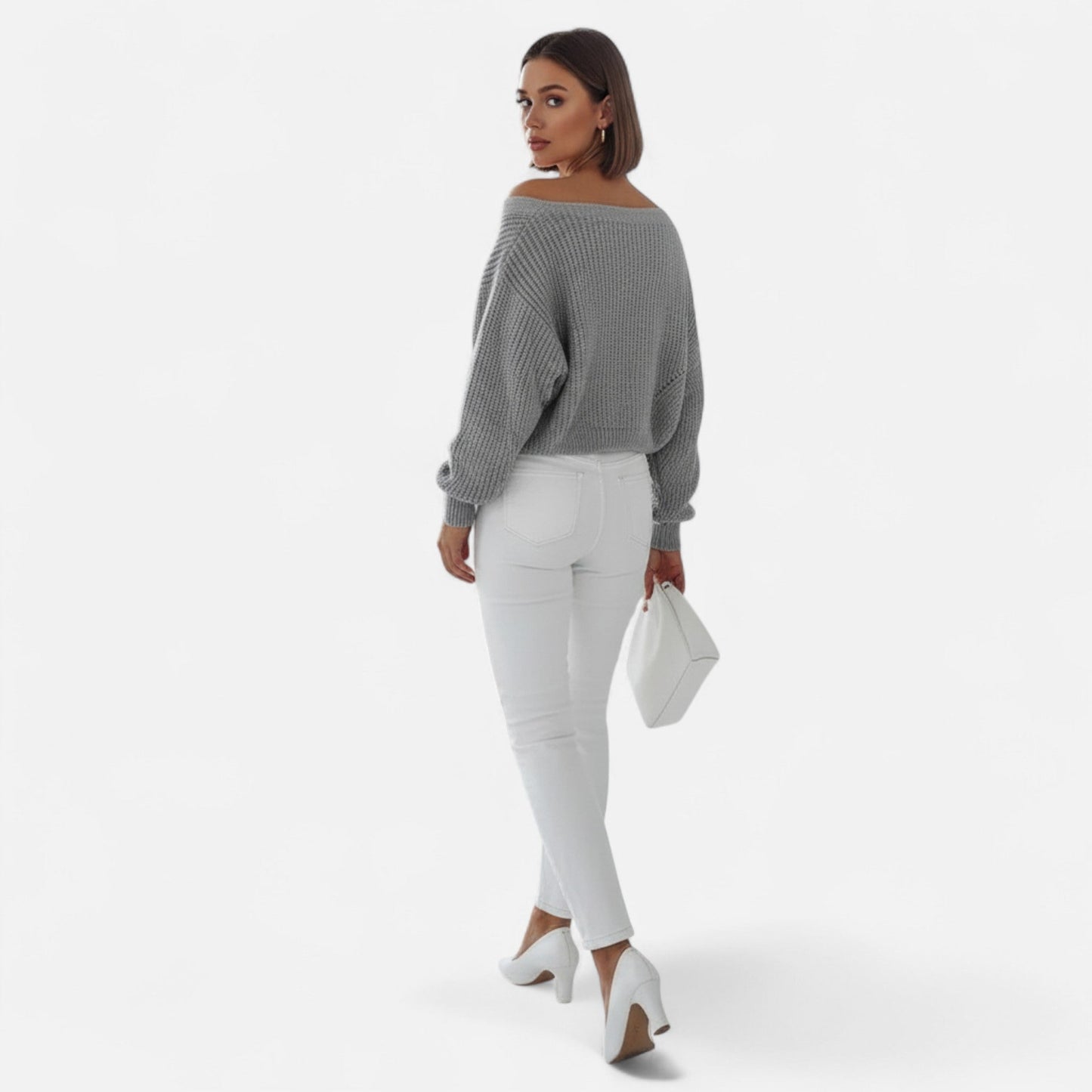 Just-Outlet | Women’s Cardigan – Deep Collar Lantern Sleeve Elegance