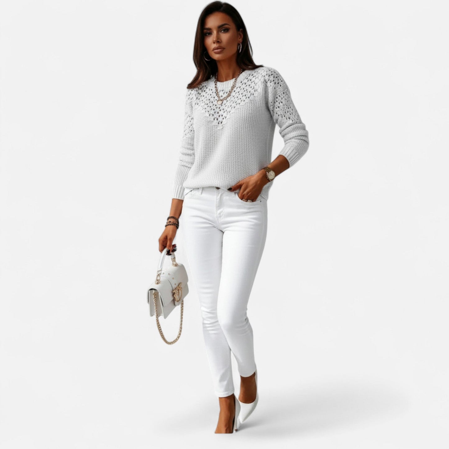 Just-Outlet | Women’s Sweater – Jacquard Hollow Round Neck Elegance