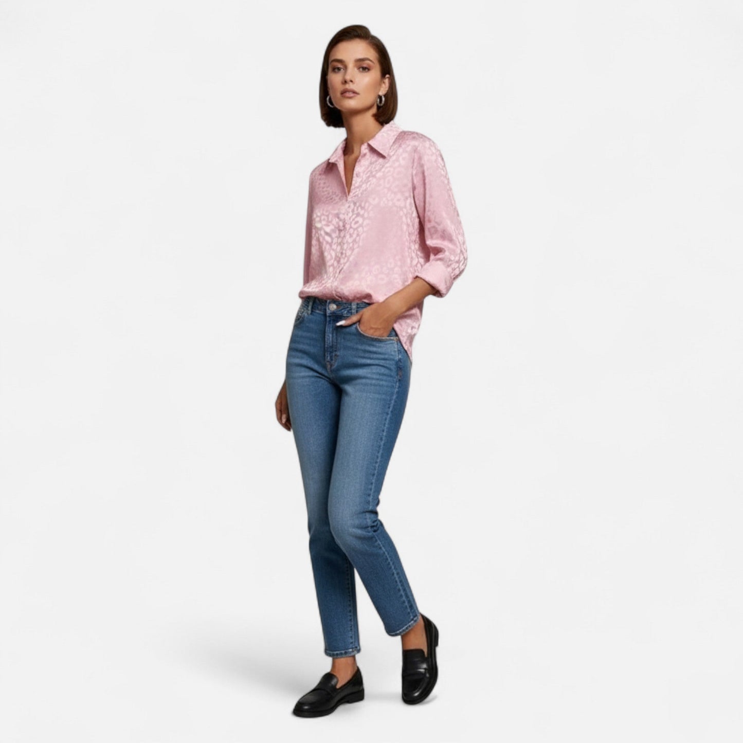 Just-Outlet | Women’s Blouse – Elegant Jacquard Satin Long Sleeve
