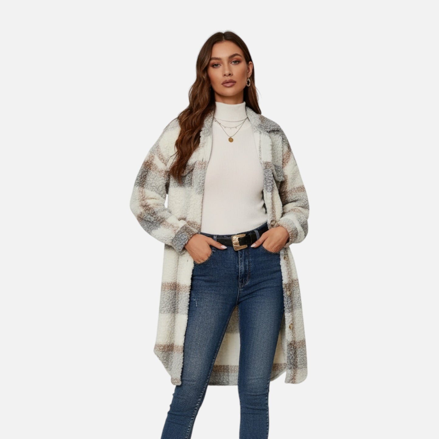 Just-Outlet | Women’s Plaid Lapel Collar Jacket – Elegant Suede & PU Design