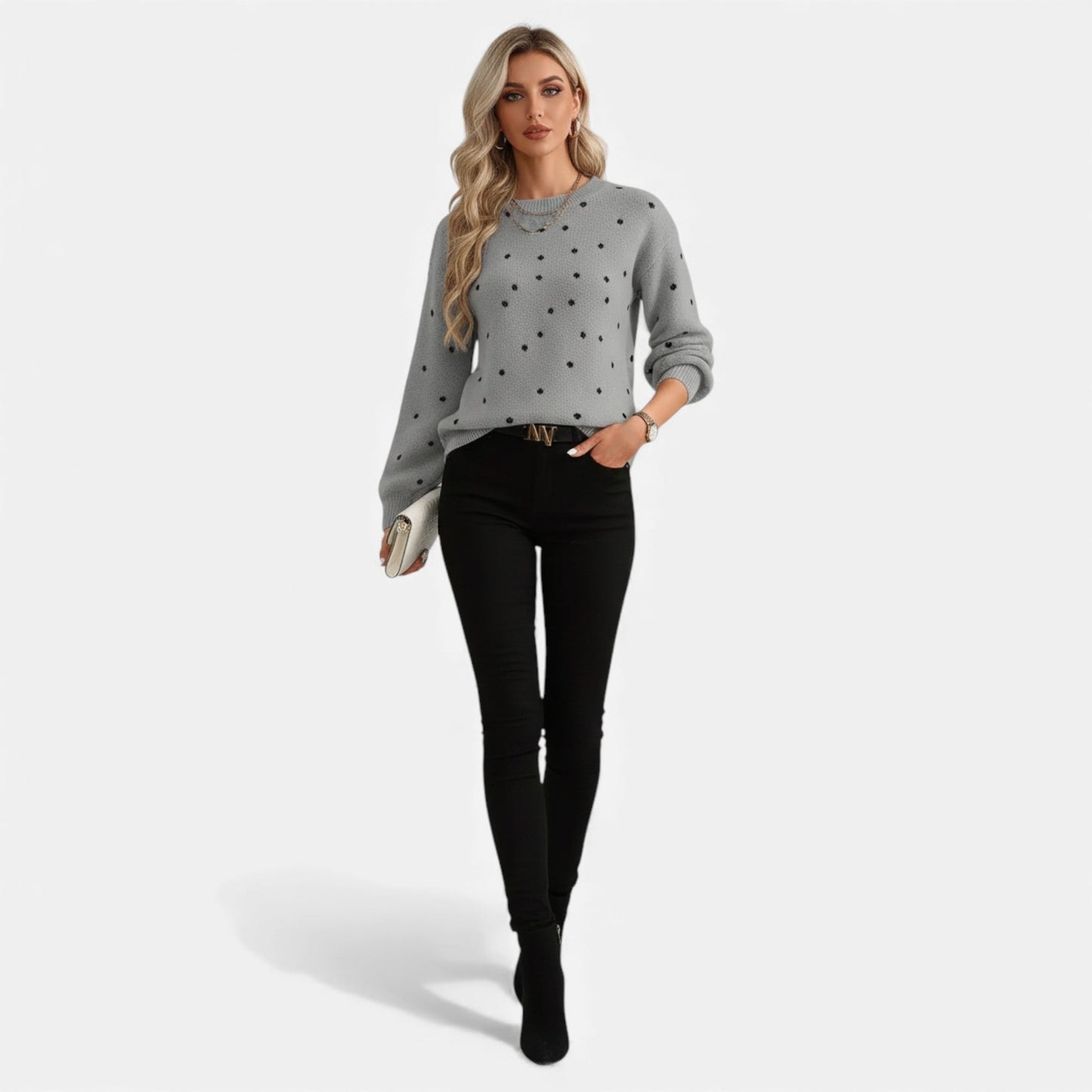 Just-Outlet | Women’s Sweater – Polka-Dot Crew-Neck Elegance