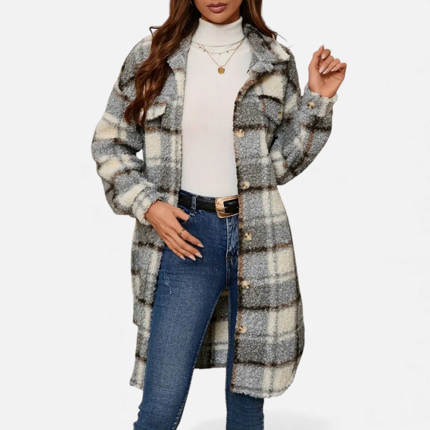 Just-Outlet | Women’s Plaid Lapel Collar Jacket – Elegant Suede & PU Design