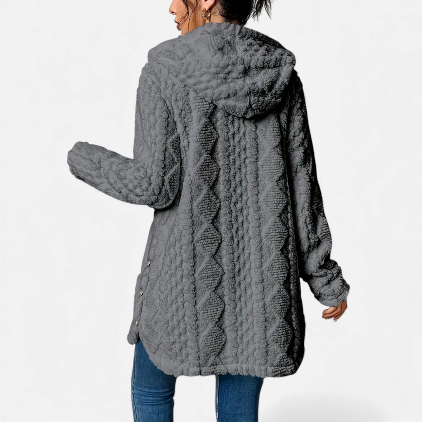 Just-Outlet | Women’s Jacquard Plush Hooded Cardigan – Winter Warm Elegance