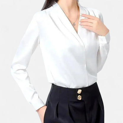 Just-Outlet | Women’s Blouse – Satin V-Neck Long Sleeve
