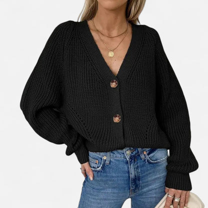 Just-Outlet | Women’s Cardigan – Deep Collar Lantern Sleeve Elegance