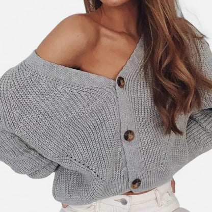 Just-Outlet | Women’s Cardigan – Deep Collar Lantern Sleeve Elegance