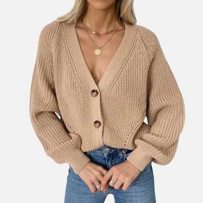 Just-Outlet | Women’s Cardigan – Deep Collar Lantern Sleeve Elegance