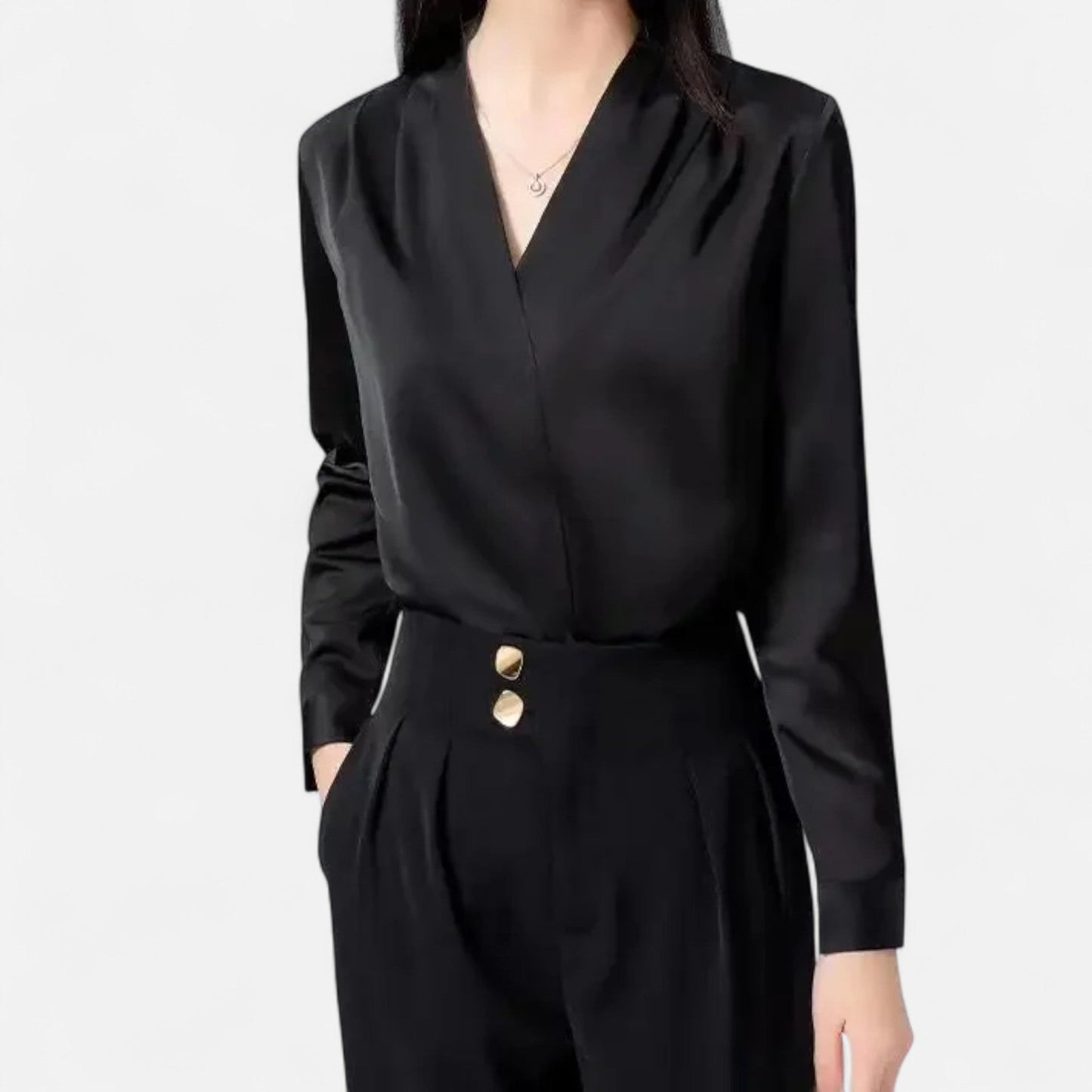Just-Outlet | Women’s Blouse – Satin V-Neck Long Sleeve